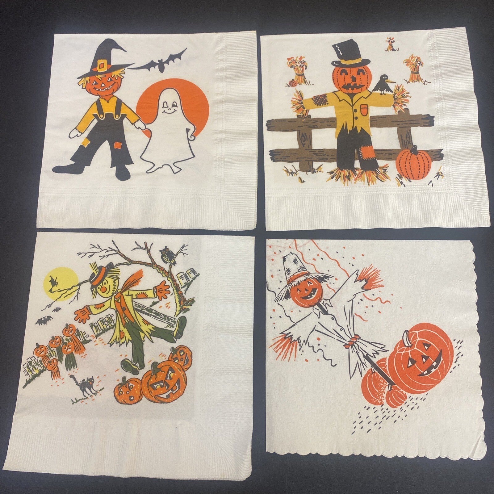 Vintage HALLOWEEN White PAPER NAPKIN Lot of 4 Pumpkins, Ghosts, Scarecrows, Bats