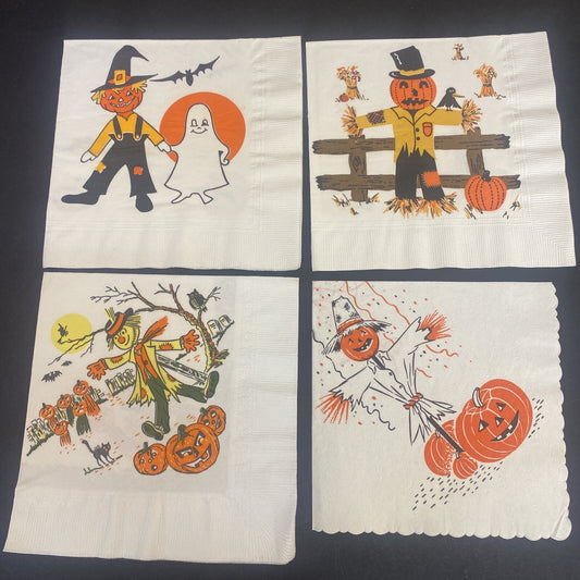 Vintage HALLOWEEN White PAPER NAPKIN Lot of 4 Pumpkins, Ghosts, Scarecrows, Bats