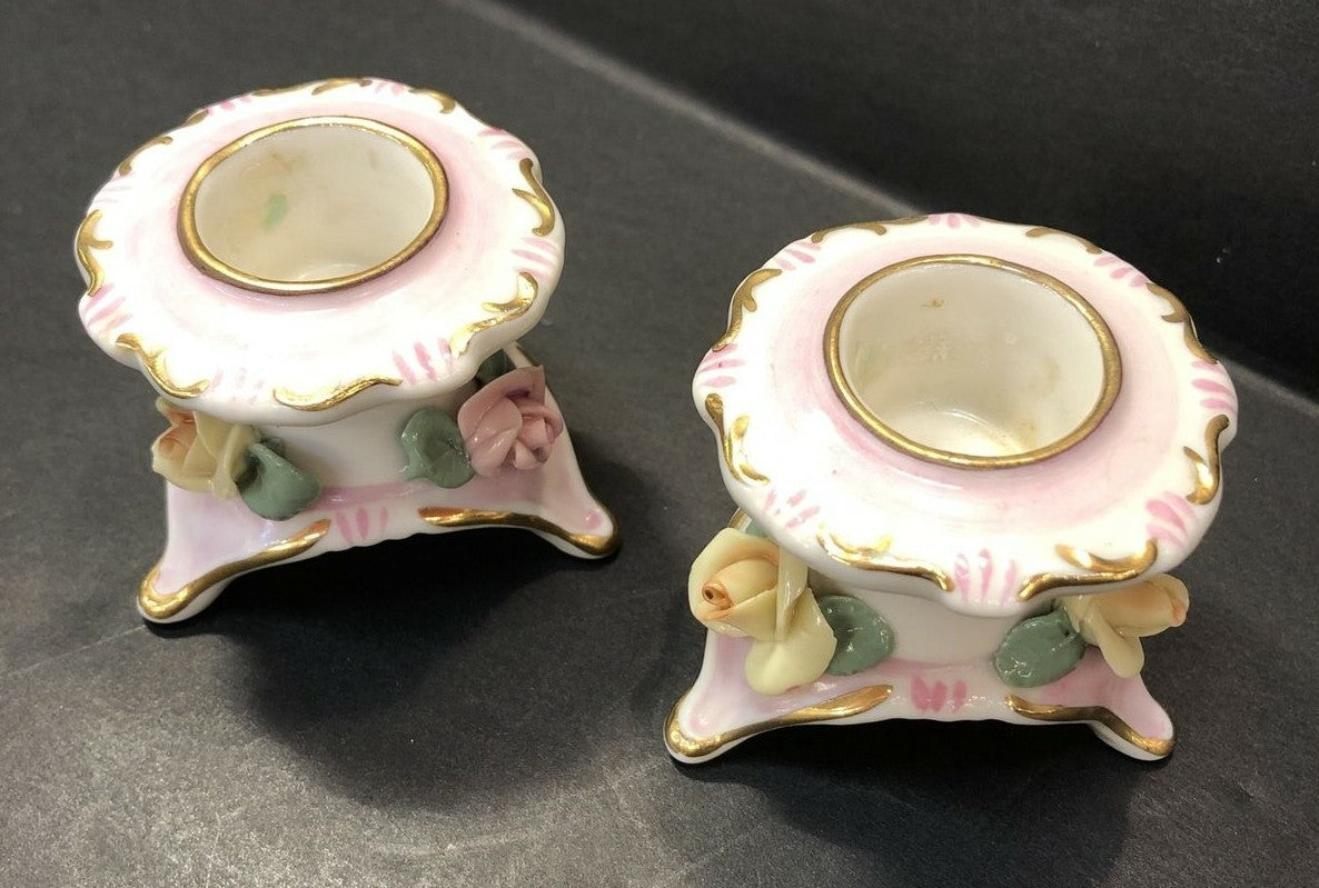 Vintage Set of 2 Italian Capodimonte Pink Floral Rose  Candle Stick Holders