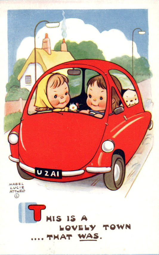  MLA Artist Signed Mabel Lucie Attwell Postcard Red Bug Car #6138