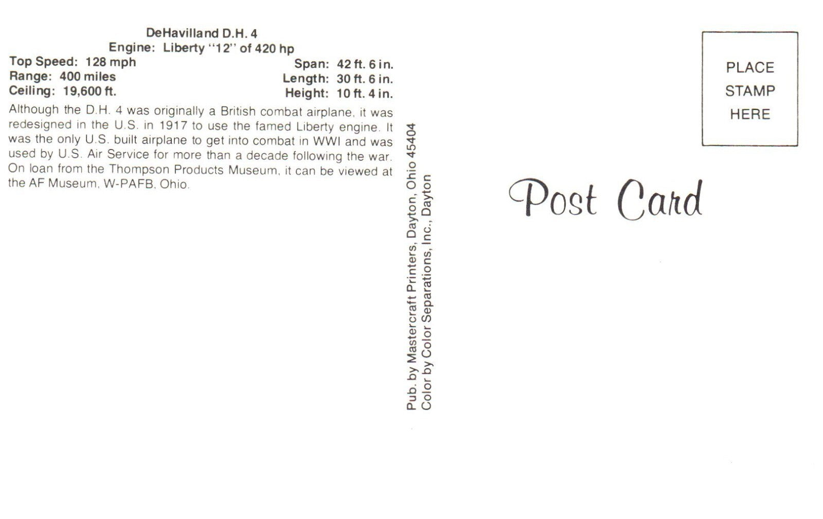 DeHavilland D.H 4 Airplane Postcard