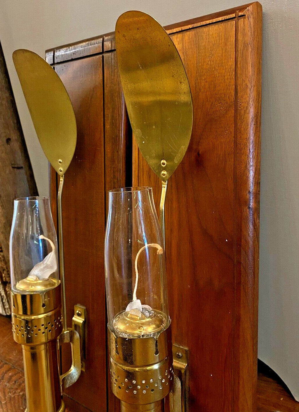 Pair of Brass Railroad Caboose Wall Sconce Lamp With Rowing Ore glass chimney