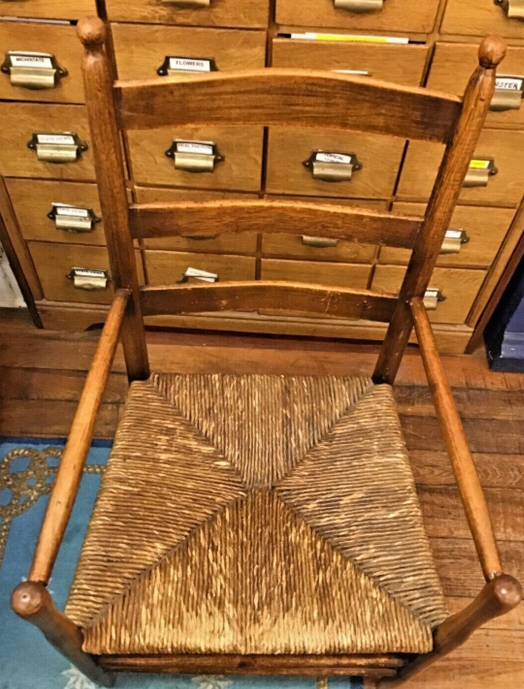Antique Wood Shaker Ladder Back Rush Seat Arm Chair