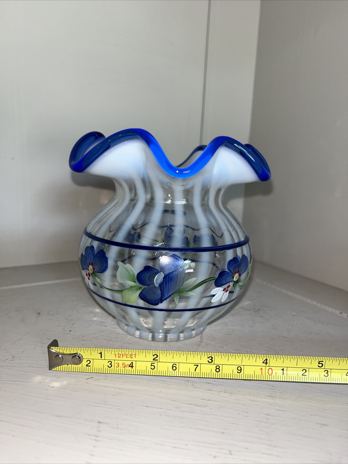 Fenton Spiral Optic Opalescent Glass Blue Crest Hand Painted Floral 4 1/2" Vase