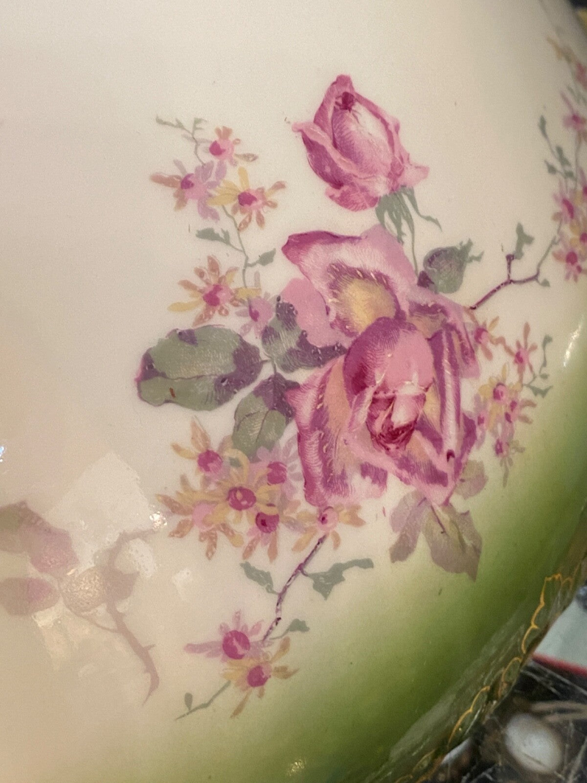 T & V Limoges  France 14" Punch Bowl Floral with green and gold