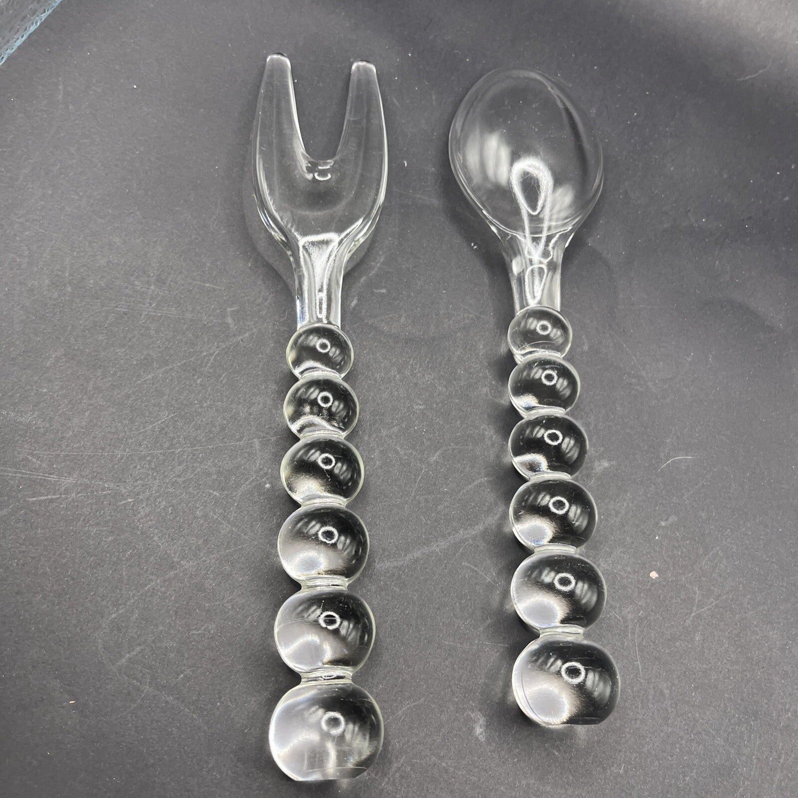 Vintage IMPERIAL GLASS CANDLEWICK Bubble Spoon & Fork Serving Set. Ex. Condition