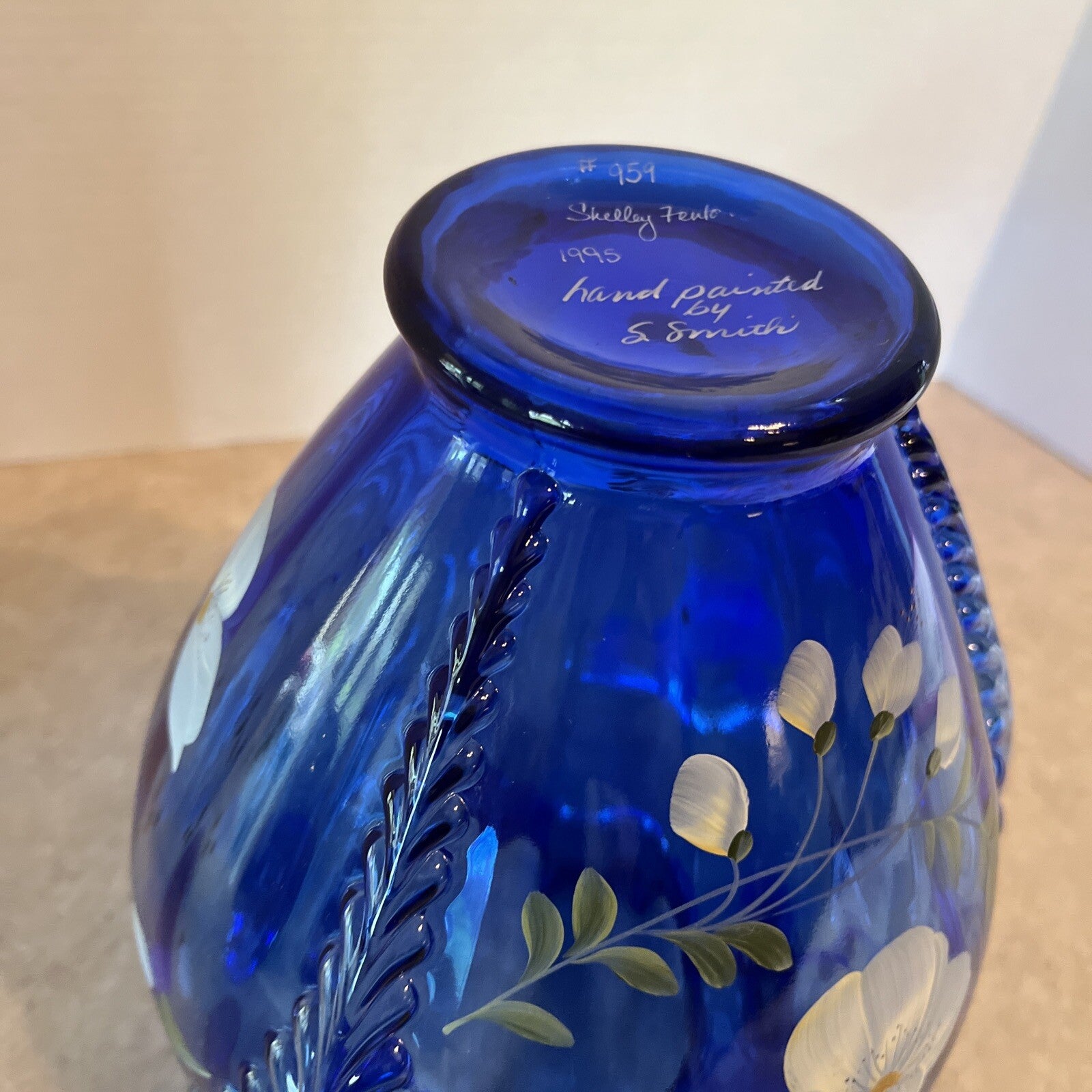 Fenton Glass Cobalt Blue Feathered Belly Vase Signed Shelly Fenton Hand Painted