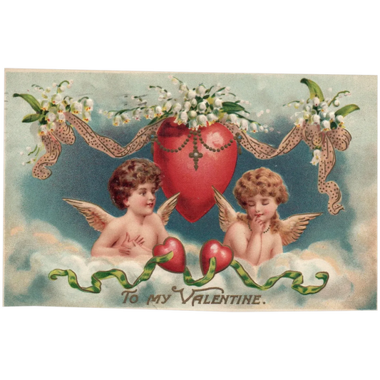 1913 Romantic Valentines Postcard with Two Angel Children in The Sky Postcard