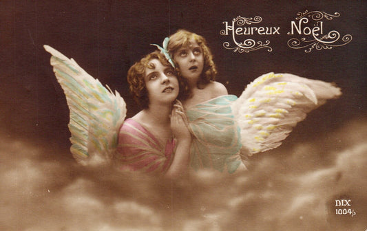 Heureux Noel (Merry Christmas) French Angels Looking Up Angel Christmas Postcard