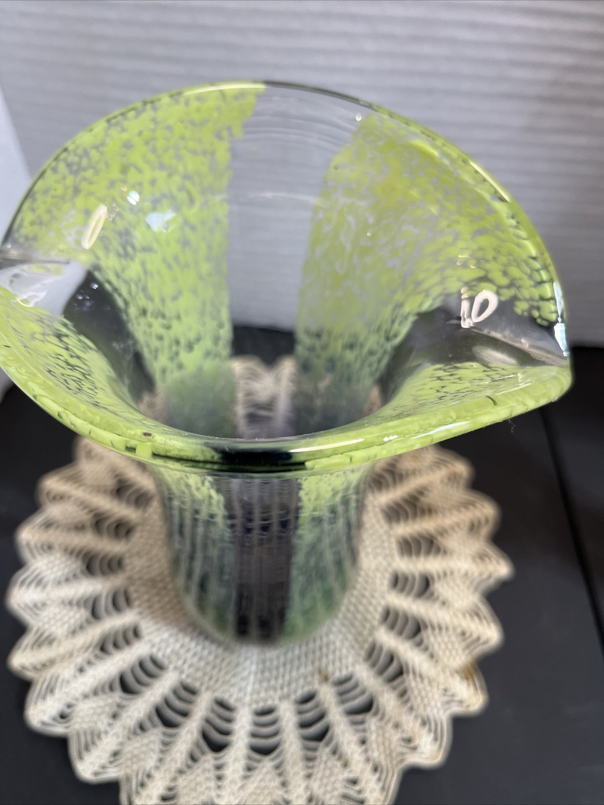 Vintage Teleflora Art Glass Vase Speckled Green Cobalt Blue Hand Blown 8”Tall