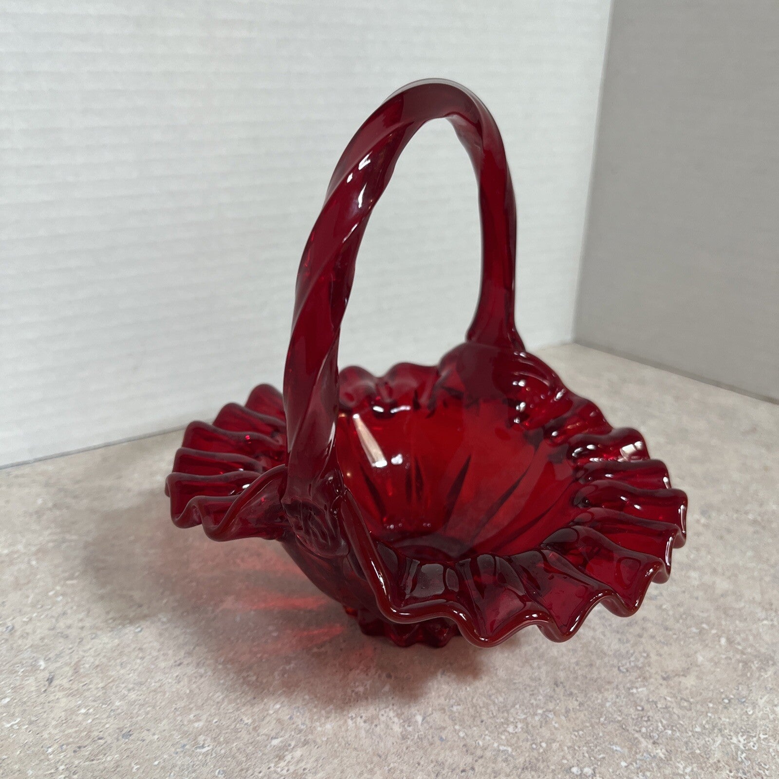 Vintage Fenton Ruby Red Smooth Glass Basket Ruffled Edges Twisted Handle