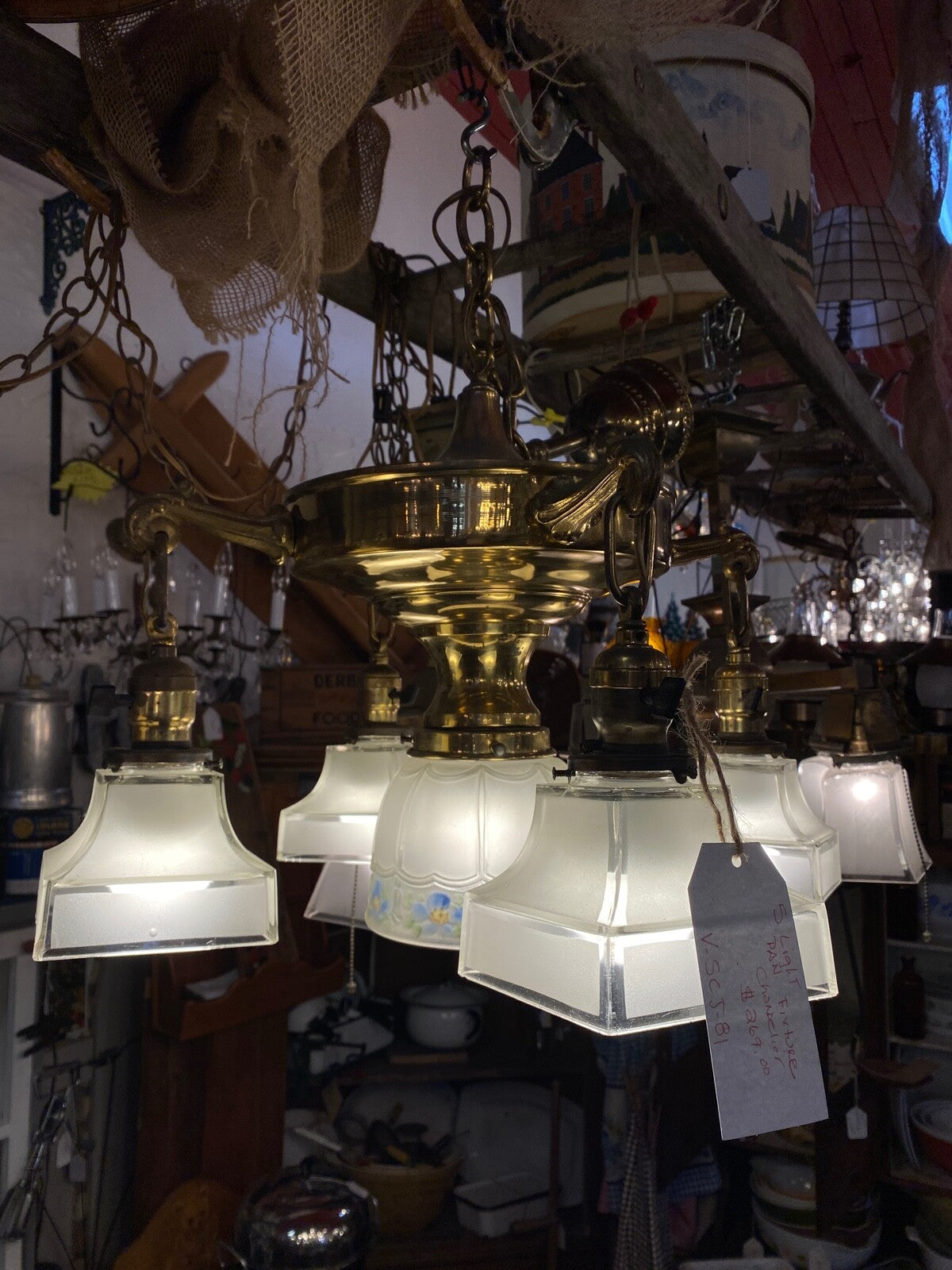 Hand Painted Blue Flower Pan Fixture Chandelier 5 Light 