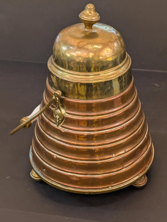 Vintage Copper And Brass Covered Ash Bucket With Porcelain Handle Antique
