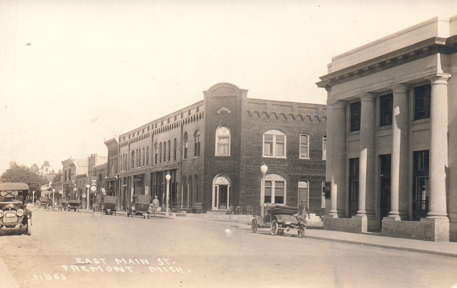 RPPC Old Cars on East Main Street in Fremont MI Michigan Postcard
