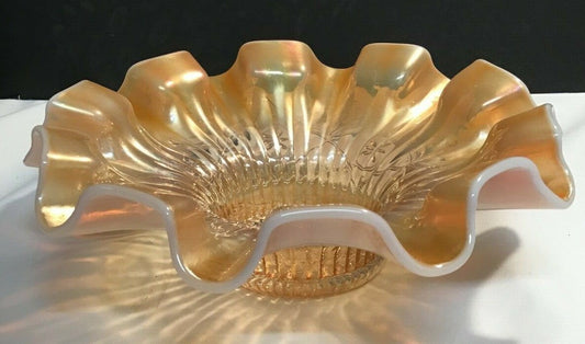 9" Marigold and Opal Ribbon Edge Floral Patterned Carnival Glass Bowl