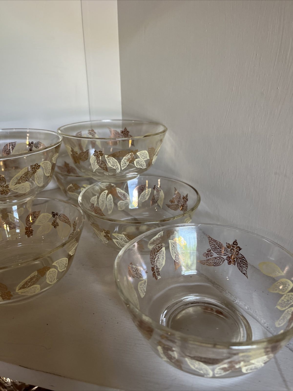 Vintage MCM Chip ‘n Dip Glass Salad Bowl Set Gold Leaf/Olive Design