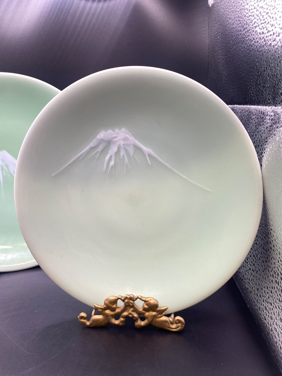 2 Antique RARE Chinese Great Ming Hsuante Reign Seto Yaki Mt Fuji Caledon Plate
