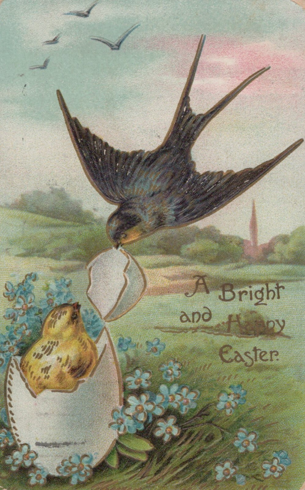Easter Chick Hatching Bird Takes Shell Blue Flowers Embossed Postcard