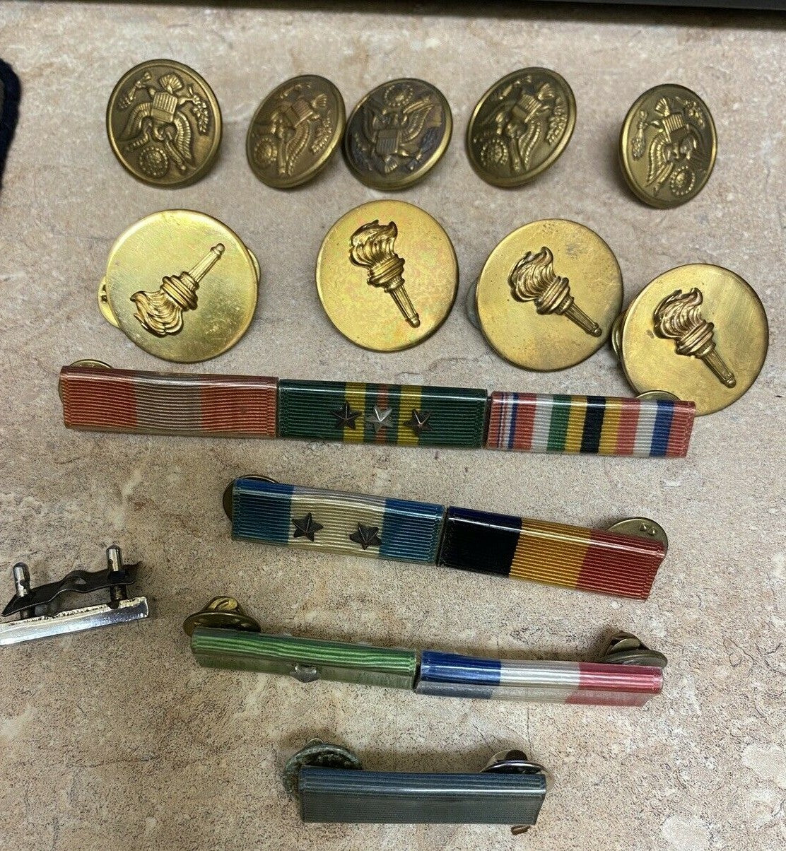 Vintage lot of  Military Stripes Rank Bars Stars 1 2 & 3 plus 3 patches Buttons 