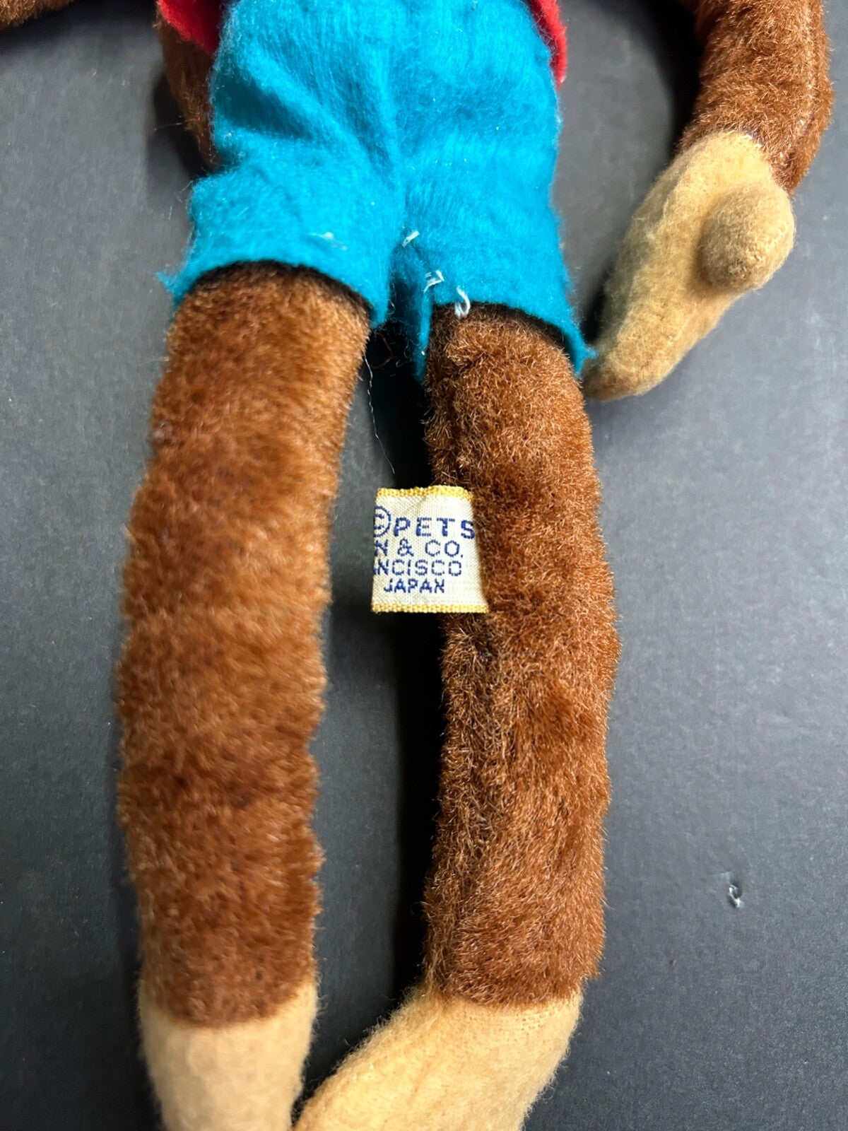 Vintage Dream Pets R Dakin Brown Plush MONKEY Toy Red Shirt Blue Pants Japan