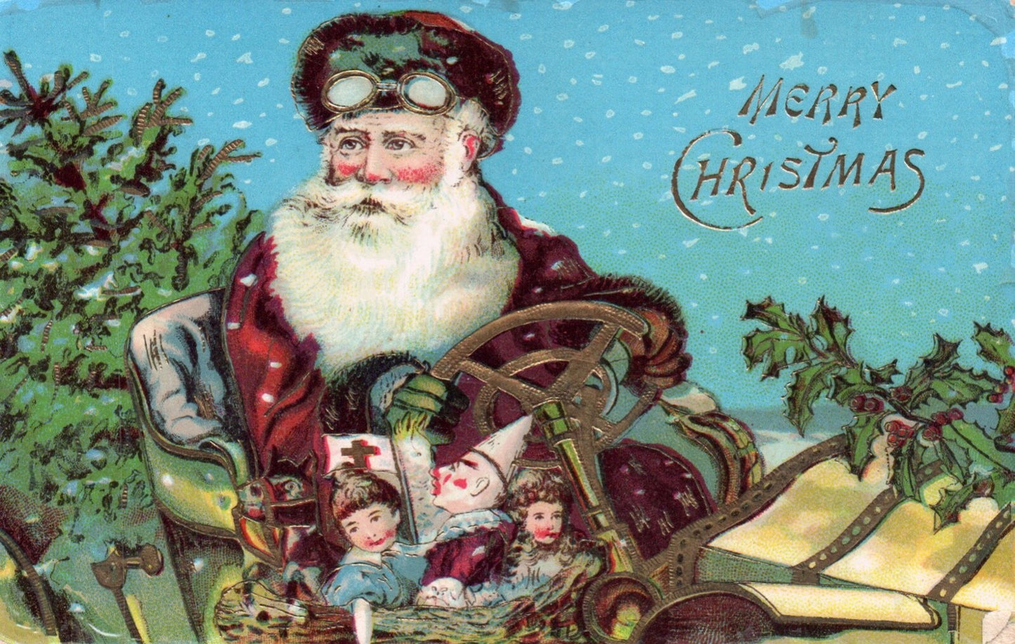 Merry Christmas Santa Driving Car with Toys For Children Vintage Santa Postcard