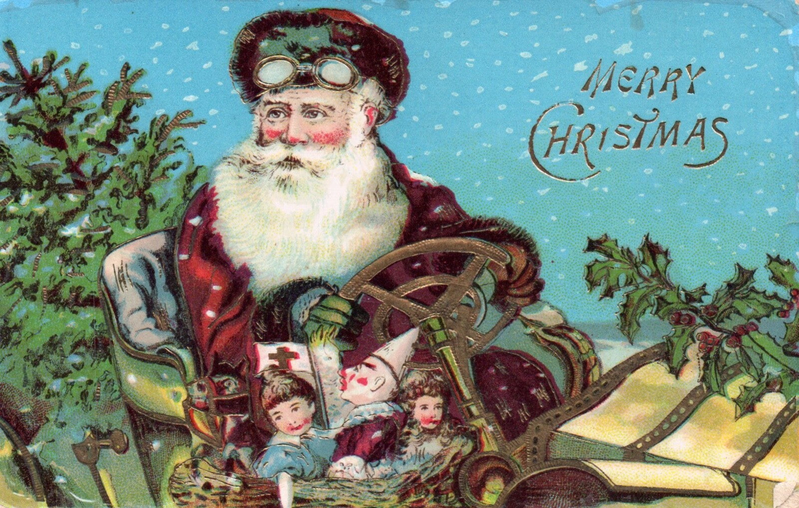 Merry Christmas Santa Driving Car with Toys For Children Vintage Santa Postcard