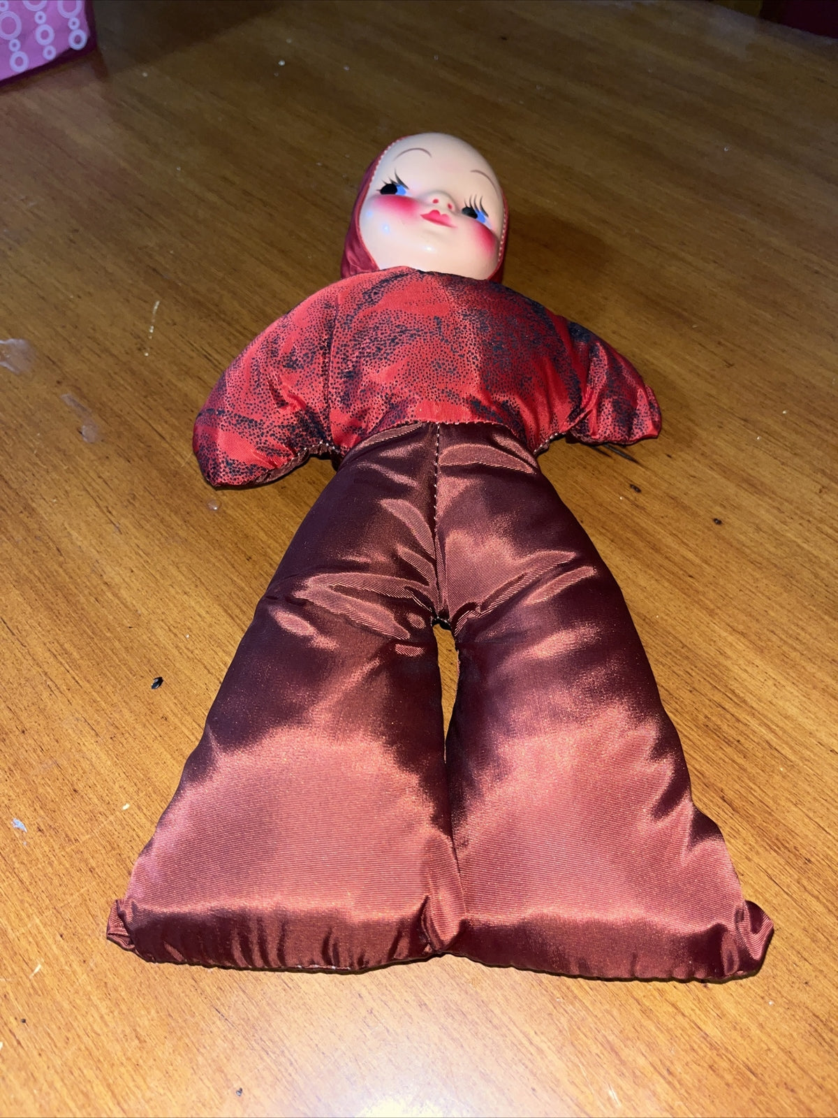 Vintage Plastic Face Carnival Stuffed Plush Doll 15”