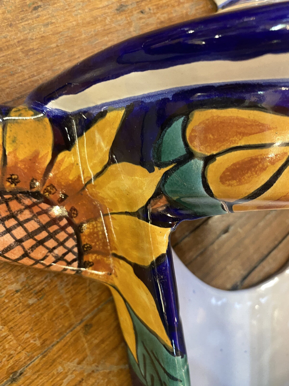 vintage Terracotta Pottery Wall Pocket Planter Mexican Talavera 1980's Sunflower