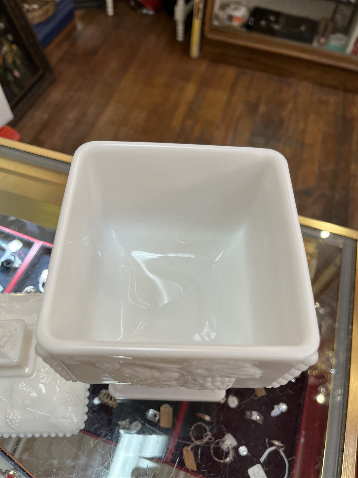 Vintage Westmoreland Milk Glass Pedestal Lidded Candy Dish w/Grape Leaf Design