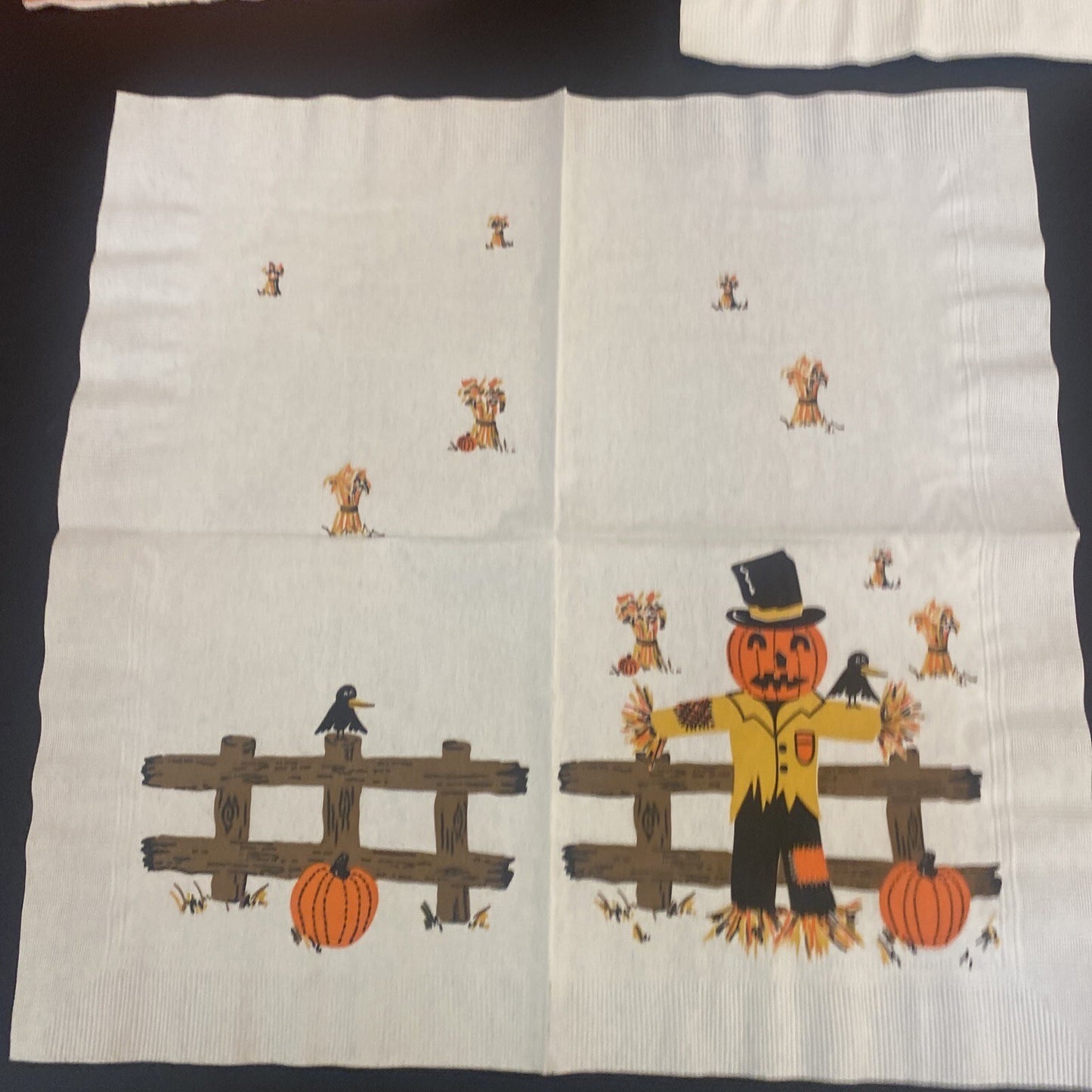 Vintage HALLOWEEN White PAPER NAPKIN Lot of 4 Pumpkins, Ghosts, Scarecrows, Bats