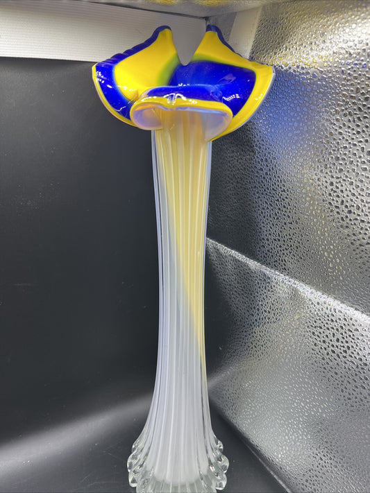 Vase Hand Blown Blue Cobalt Art Glass Jack in the Pulpit  Ribbed Tulip
