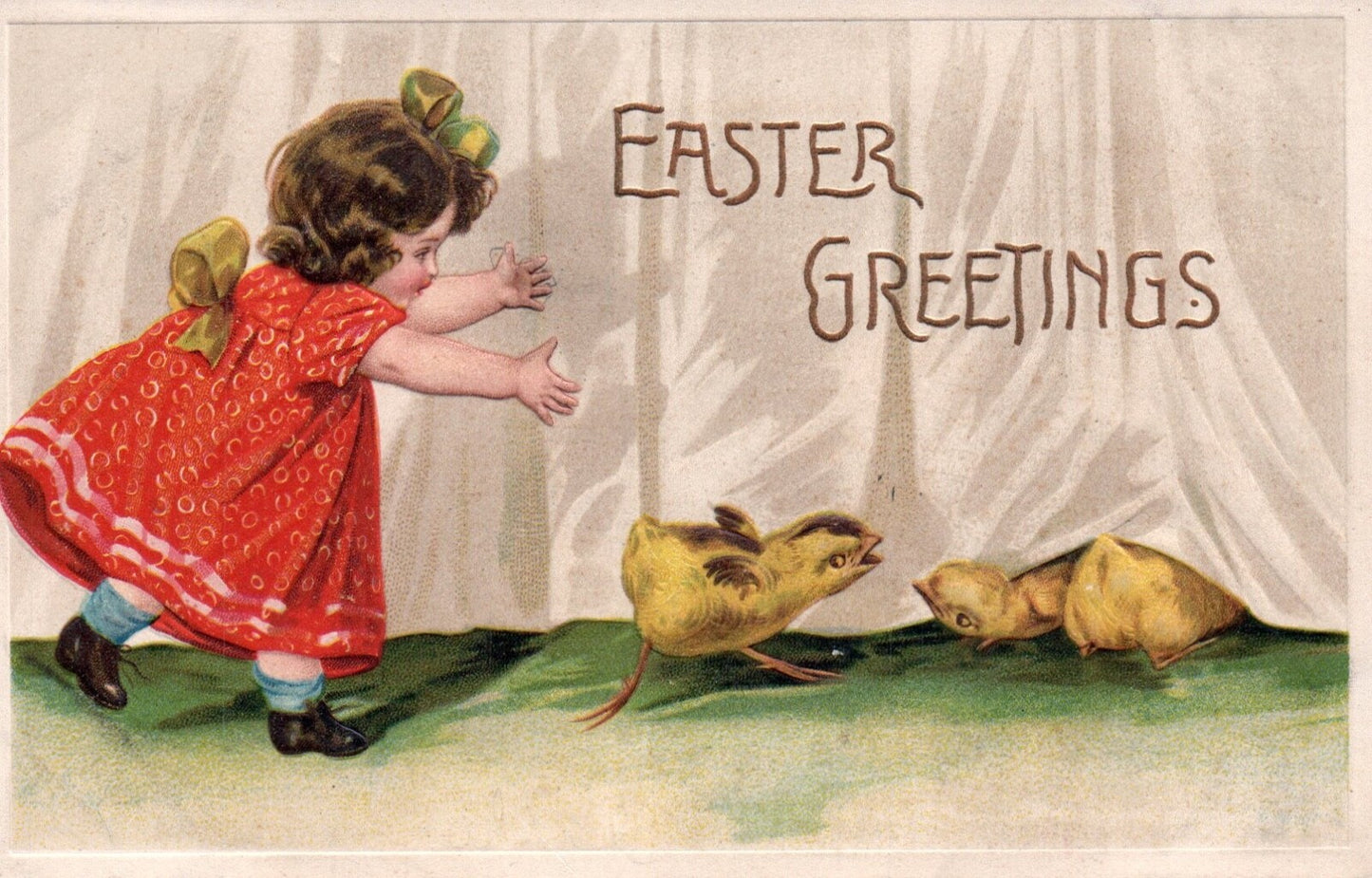 Easter Greetings Little Girl Chasing Little Chicks Vintage Easter Postcard
