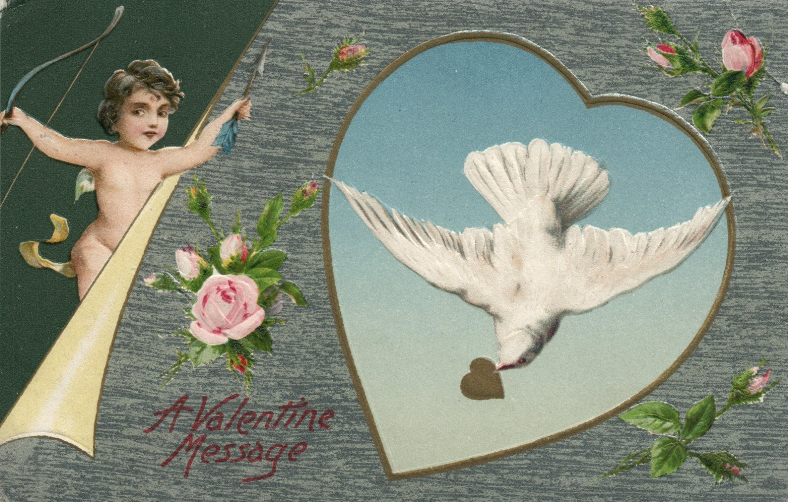 John Winch Dove Carrying Heart Pink Roses Cupid Valentine Postcard