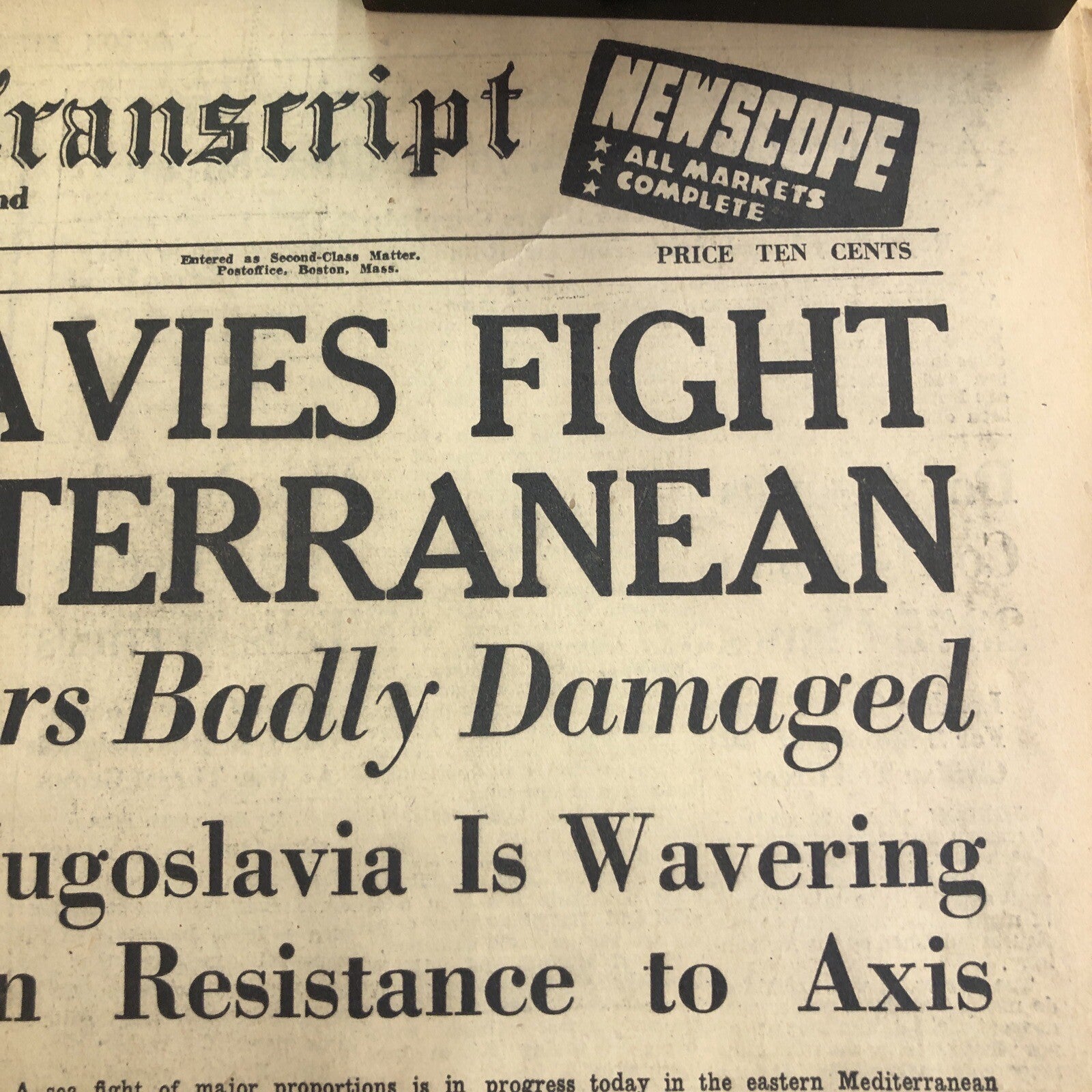 1941 MARCH 29 BOSTON EVENING TRANSCRIPT NEWSPAPER BRITISH GREEK NAVIES VS ITALY