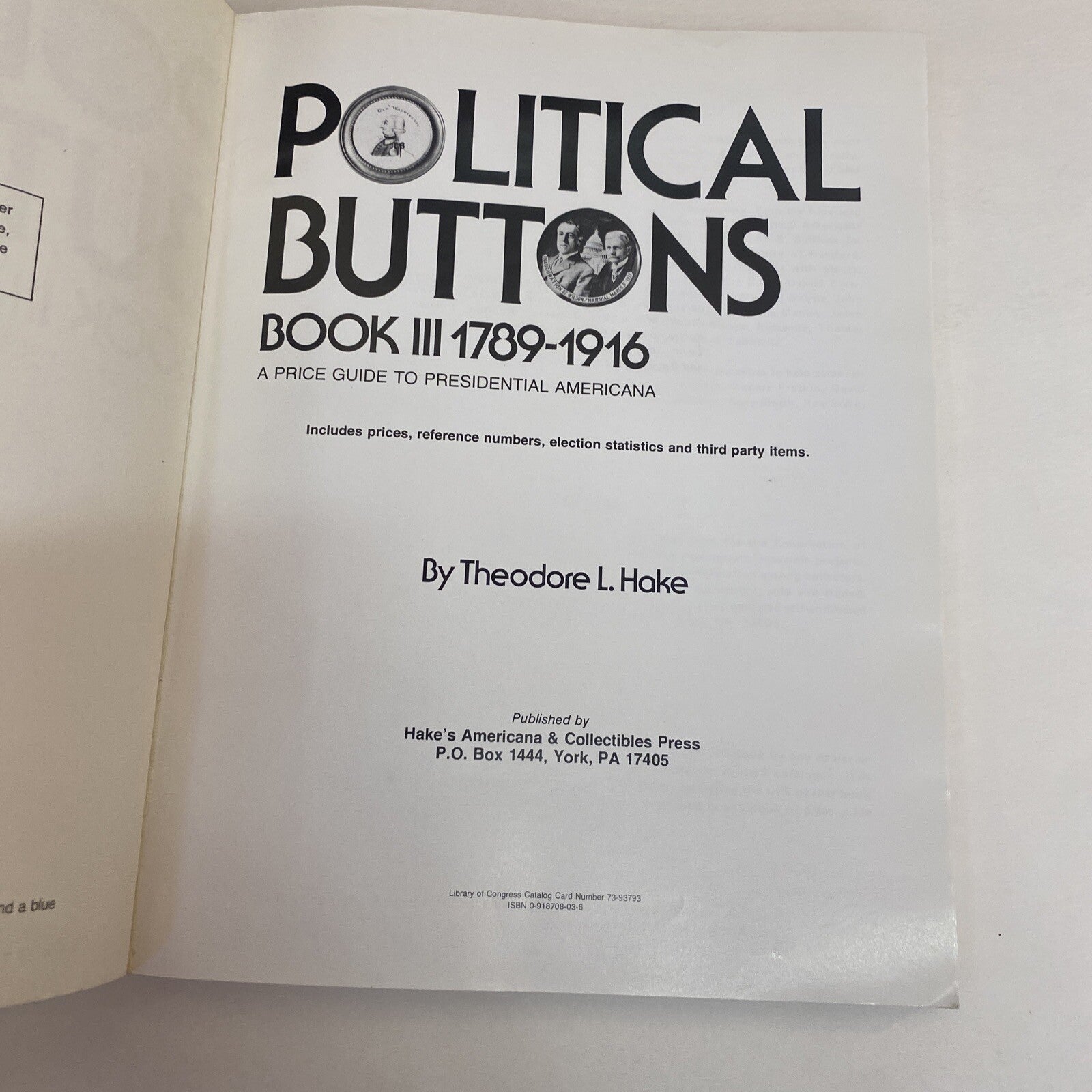 1978 HAKE Book 3 1789-1916 Political buttons Price Guide Book