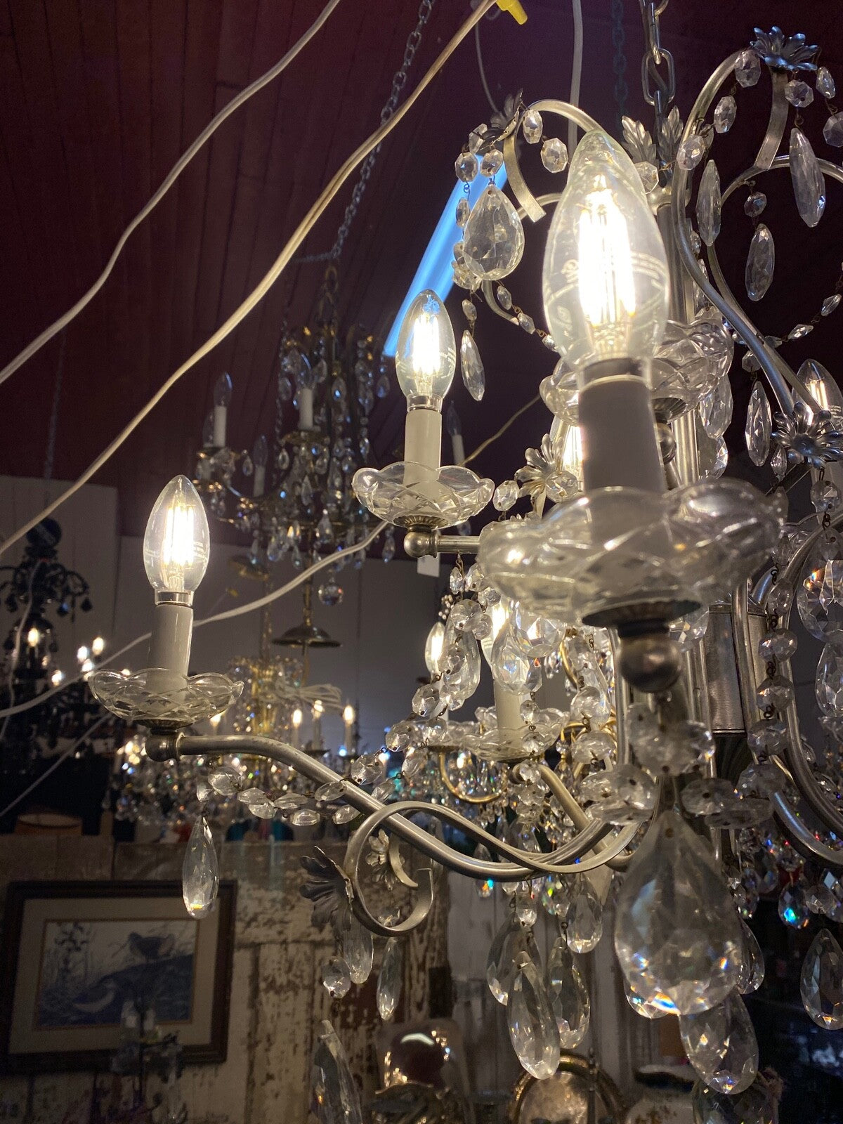 1950s mid century 10 arm silver and crystal chandelier 