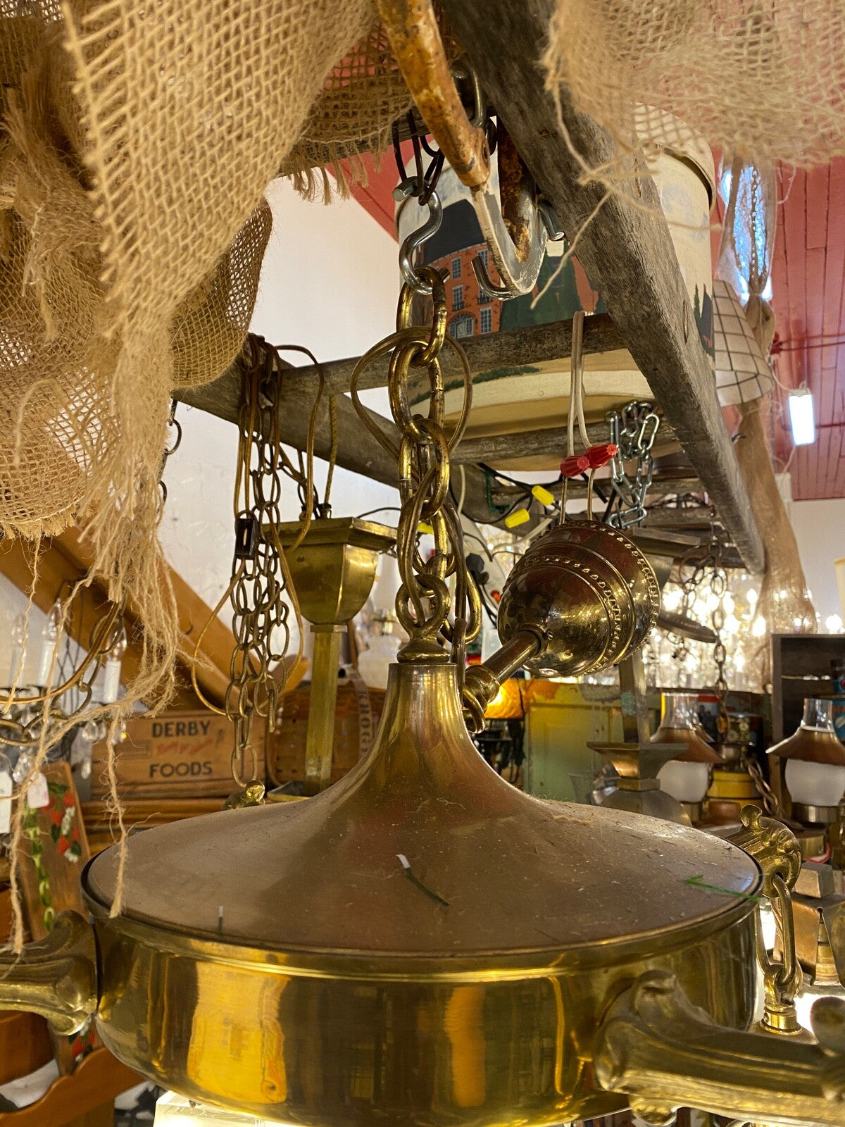 Hand Painted Blue Flower Pan Fixture Chandelier 5 Light 