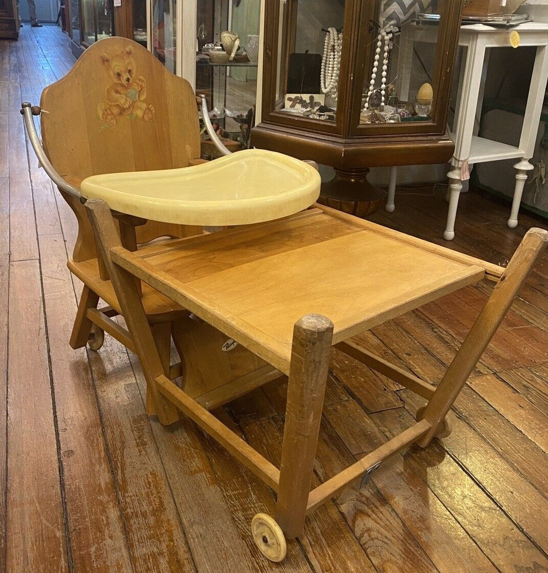 Antique Thayer High Chair Convertible To Play Chair  With Bear  Print Solid Wood