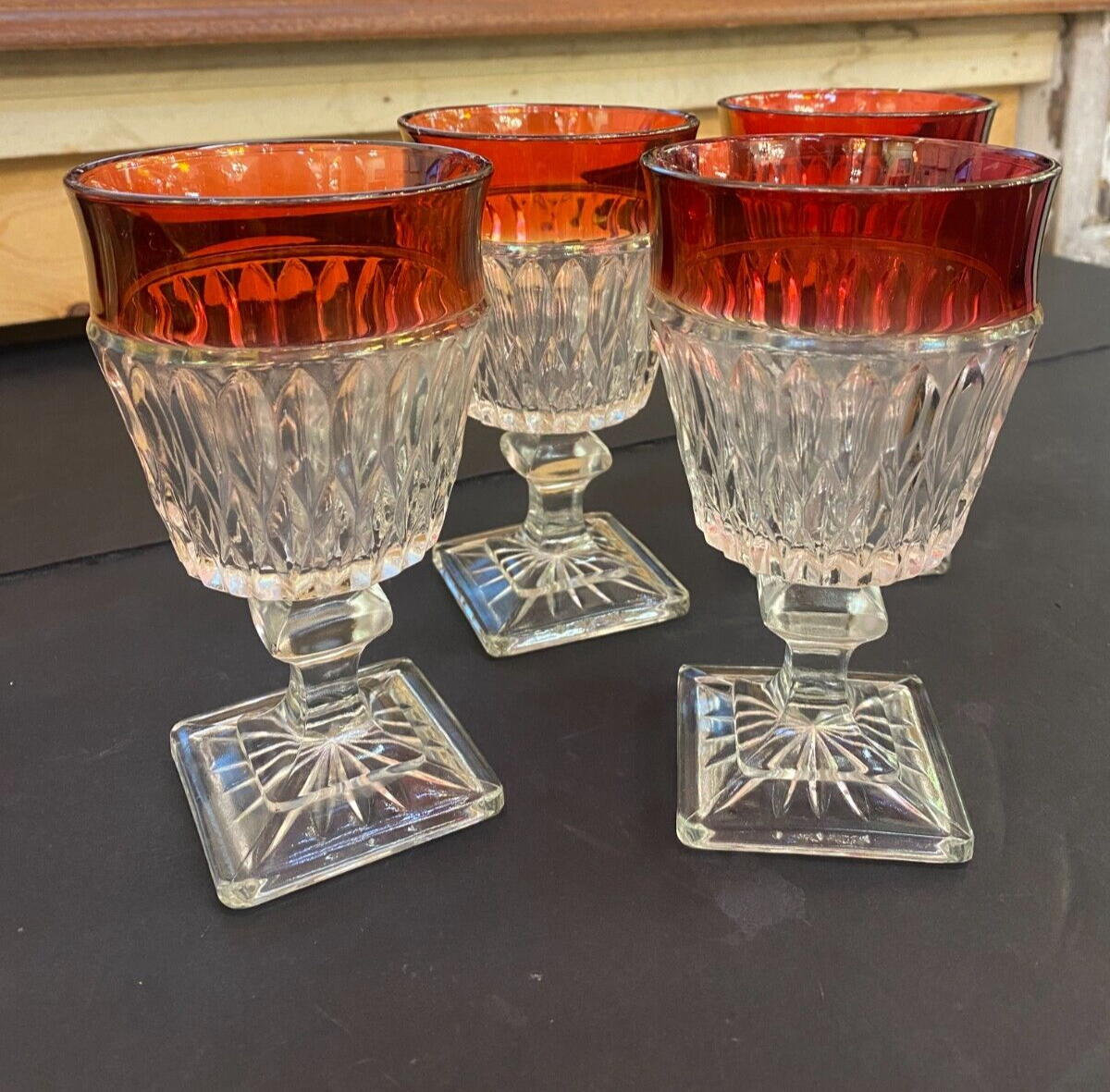 Vintage  Ruby Red Rimmed Set Of 4 Goblet Clear Cut Glass Square Base