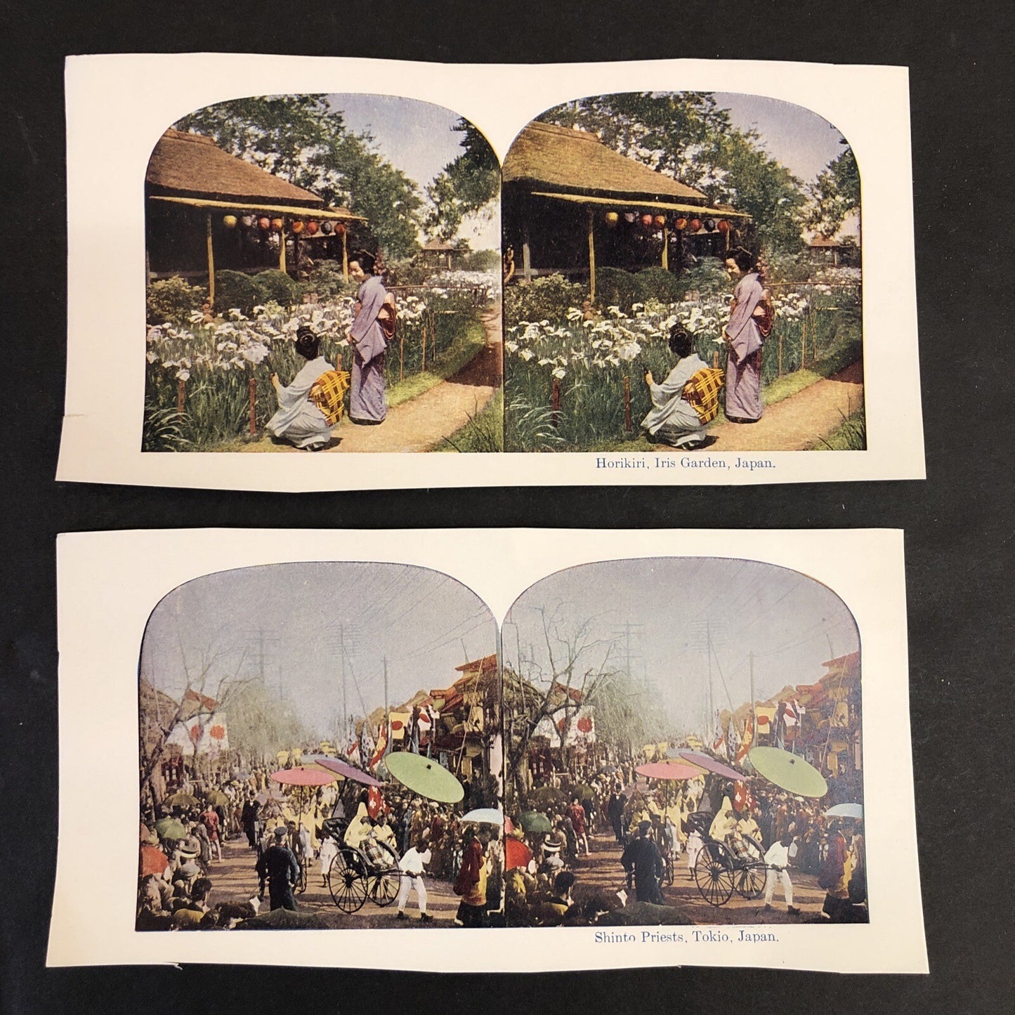 RARE Stereoview Paper Cards Japan Iris Garden Shinto Priests Tokio Lot of 2