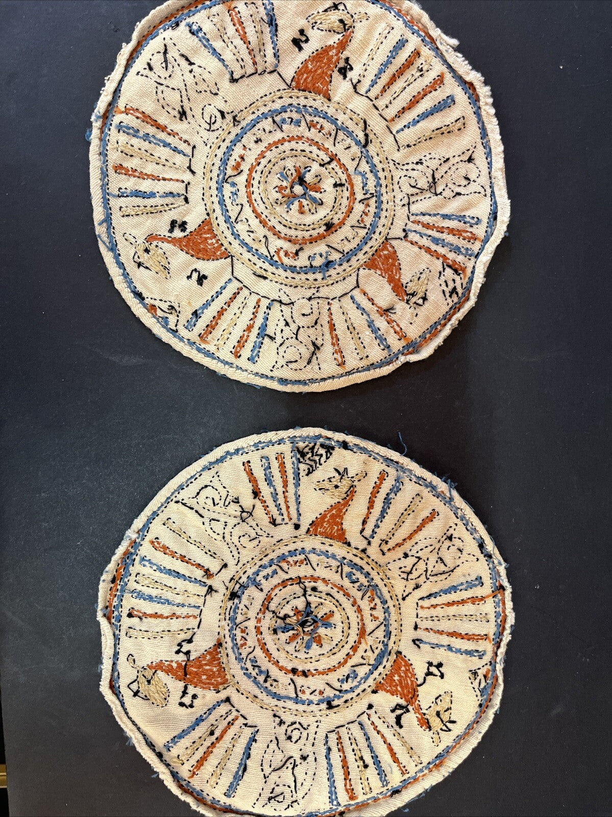 Small Vintage Needlepoint Throw Pillow Tops Blue, Rust & Tan Round MCM Vintage