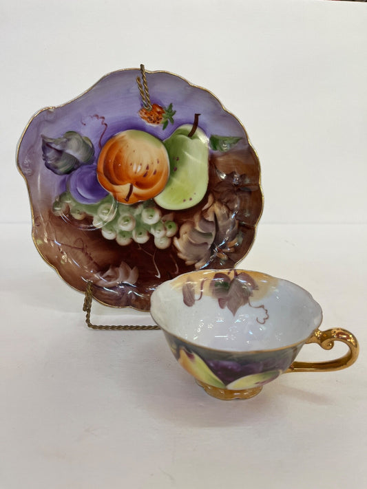 Vintage Lefton China Hand Painted Gold Accent Teacup and Saucer Fruit Pattern  