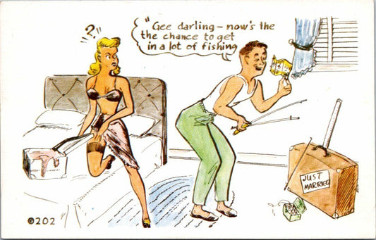 Couple on Honeymoon He Wants to go Fishing Angry Wife Comic Postcard