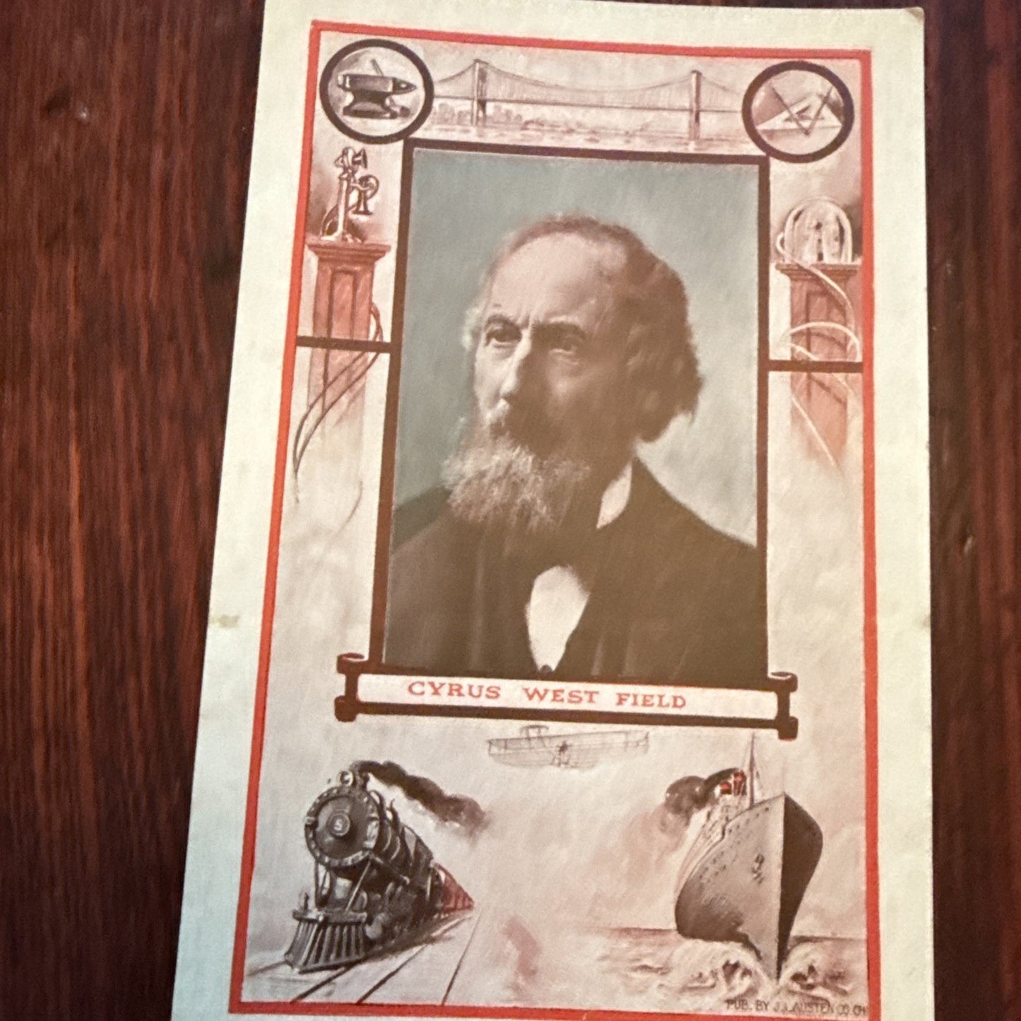 Cyrus West Field by J I Austen Postcard Anvil Ship Plane Train c1910's *Scarce