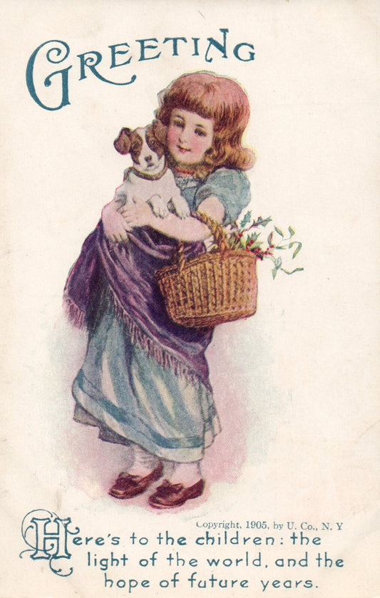 1905 Girl Holding terrier Dog Children Postcard