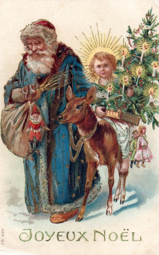 Joyeux Noel Santa Walking Deer with Angel Child & Tree Vintage Santa Postcard