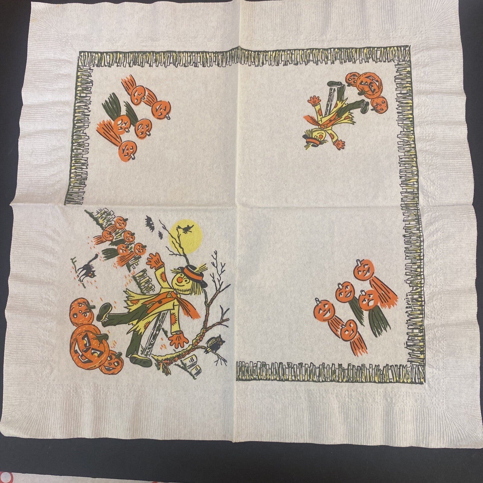 Vintage HALLOWEEN White PAPER NAPKIN Lot of 4 Pumpkins, Ghosts, Scarecrows, Bats