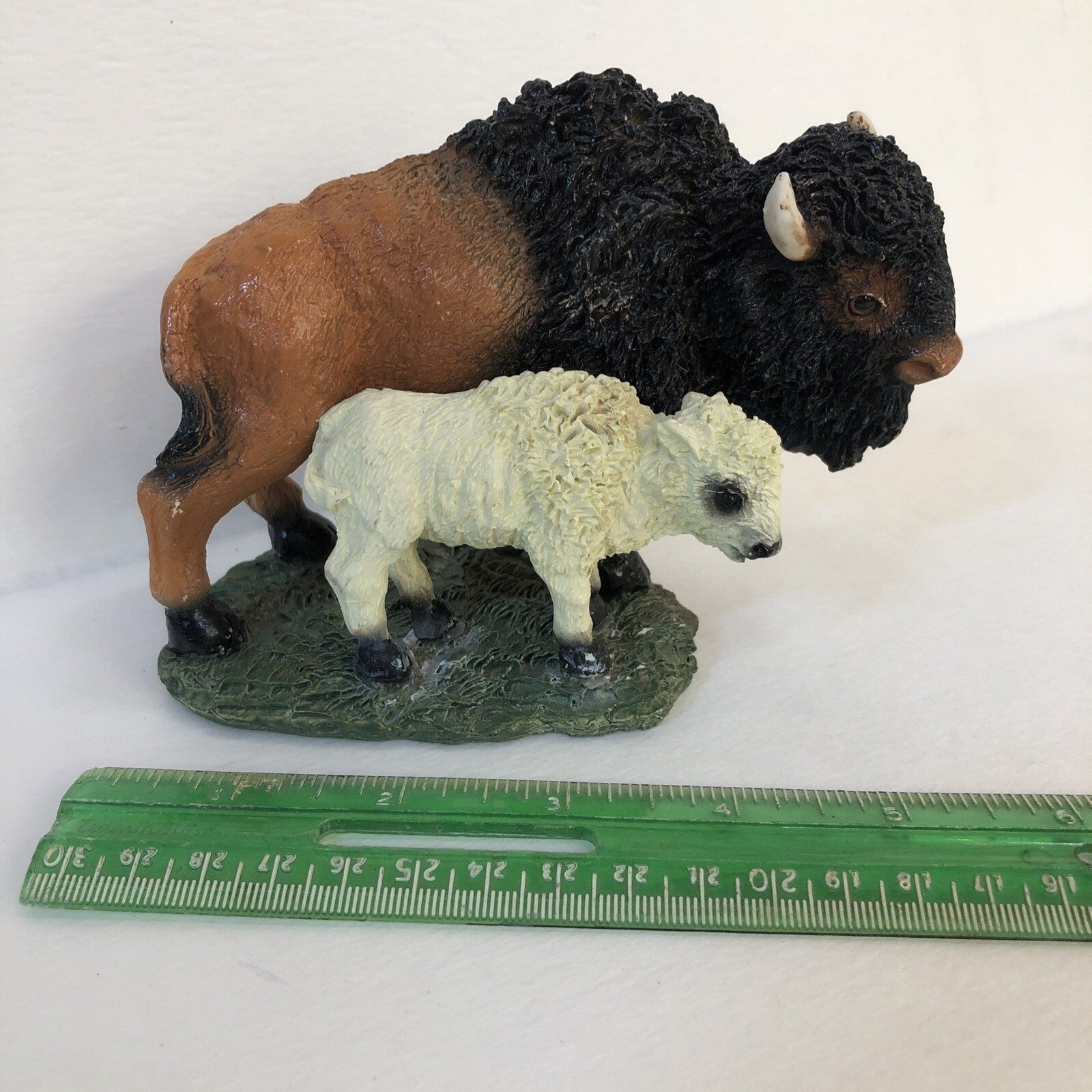 American Bison Buffalo Figurine With White Calf Statue Shelf Decor Western