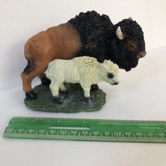 American Bison Buffalo Figurine With White Calf Statue Shelf Decor Western