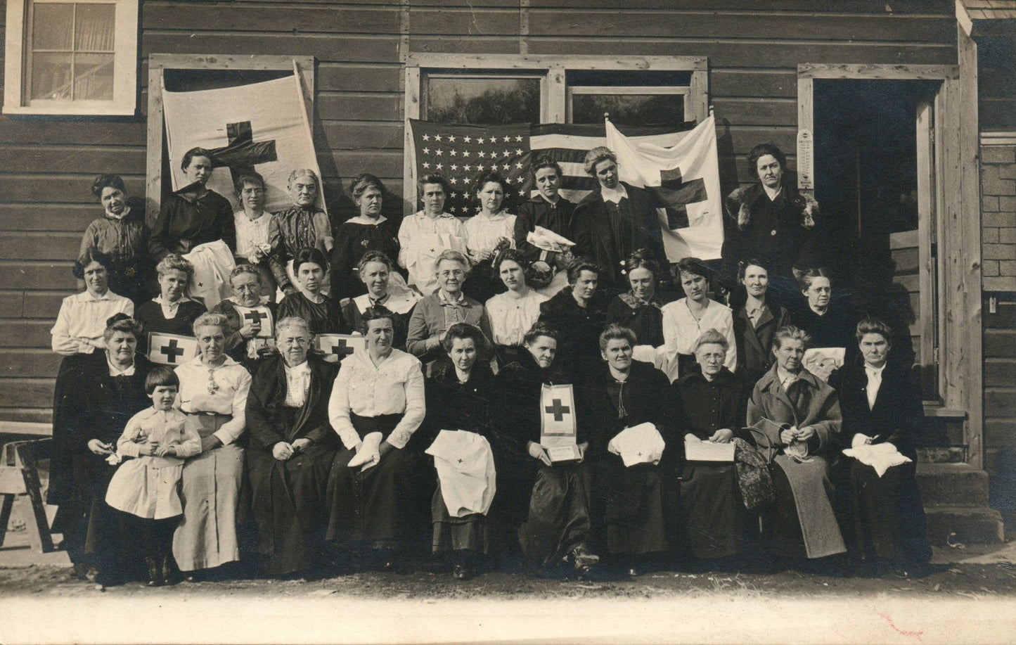 Real Photo Red Cross Nurses Group Picture American Flag Postcard